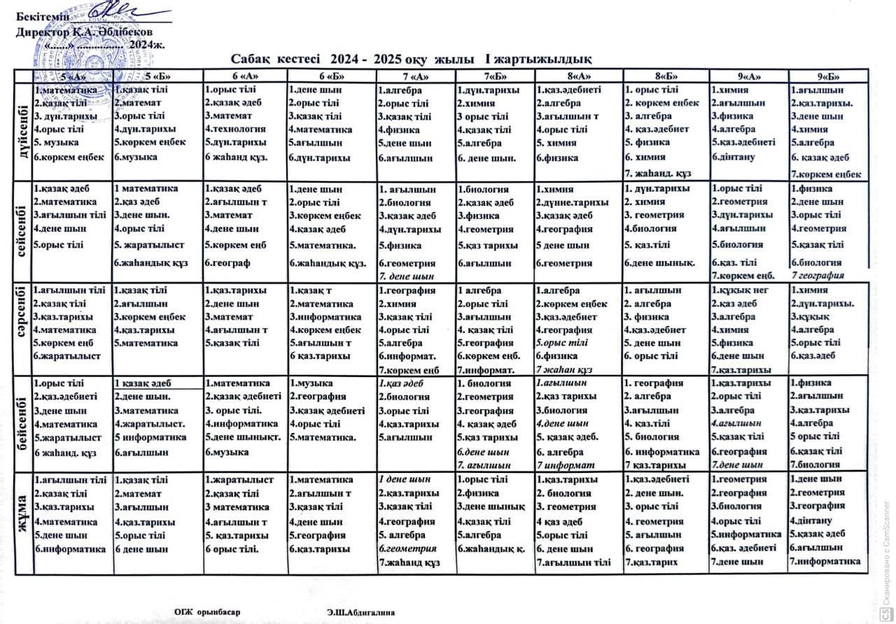 2024-2025 оқу жылының сабақ кестесі І жарты жылдық